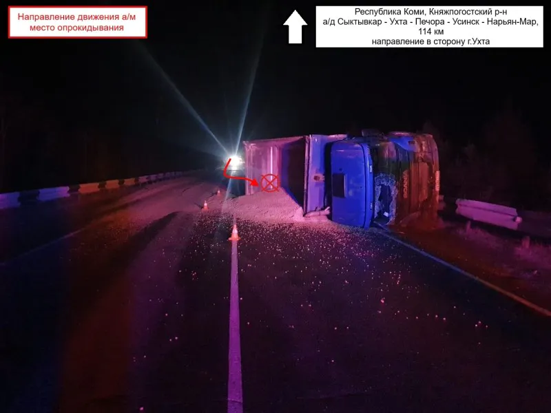 На одной из трасс Коми перевернулся большегруз Scania